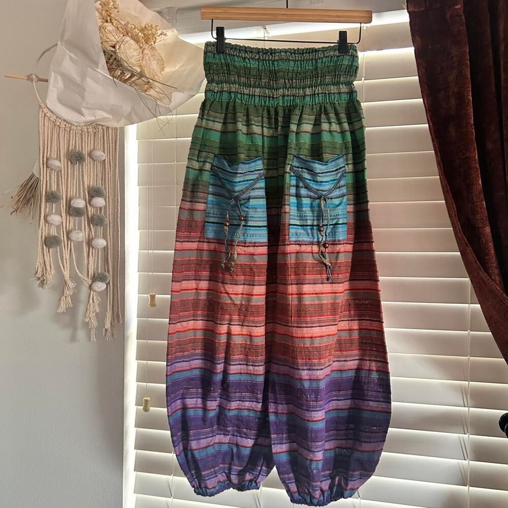 Boho Striped Cotton Harem Pants One Size Festival Hippie Fairycore maximalist - Picture 2 of 5